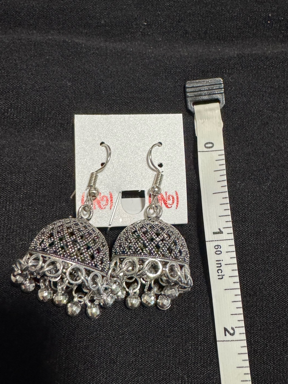 Silver-Tone Jhumka Earrings with Black Accent Stones